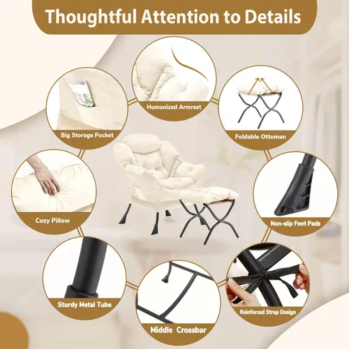 Miniatura 6 de Youtanic Silla Lazy con otomana plegable, silla decorativa de terciopelo tapizada con estructura de metal y almohadillas antideslizantes, sillón