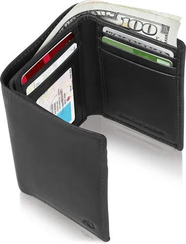 Miniatura 32 de Billetera de triple pliegue con RFID, cuero genuino, delgado, con ventana de identificación, bolsillo frontal, regalo para hombre