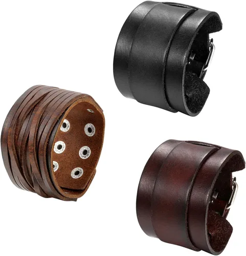 Miniatura 14 de OIDEA Assorted 3pcs Mens Punk Multistrand Leather Braided Bangle Cuff Bracelet for Biker Dad Father Size Adjustable