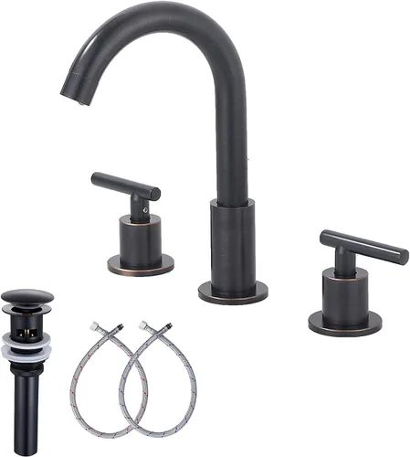 Miniatura 9 de Grifo de baño de 2 manijas 3 agujeros 360 caño giratorio latón antiguo grifo de fregadero de baño con drenaje desplegable Latón envejecido.