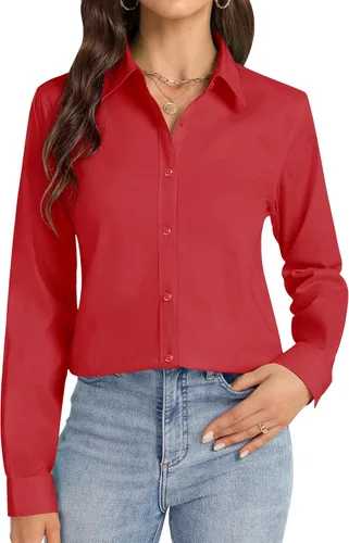 Miniatura 10 de Camisas con botones J.VER para mujer con cuello elástico y manga larga de algodón, camisa de vestir casual de negocios para el trabajo