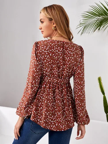 Miniatura 2 de MakeMeChic Camisa de maternidad para mujer, diseño floral, manga larga, con cinturón, peplum