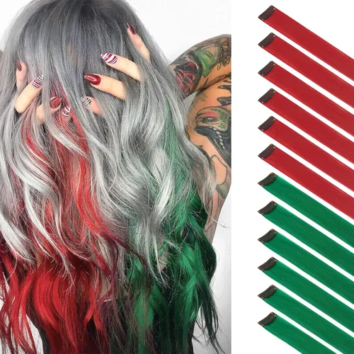 Miniatura 45 de FESHFEN Extensiones de cabello con clip de colores, 16 piezas de 8 colores resaltados, piezas de cabello sintético lacio con clip para mujer, 22