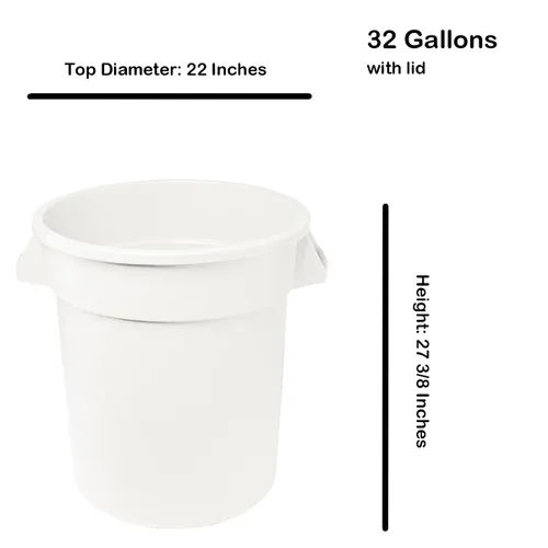 Miniatura 3 de Cubo de basura comercial redondo blanco de 32 galones y tapa, cubo de basura de cocina, cubo de basura interior, papelera duradera, bote de basura