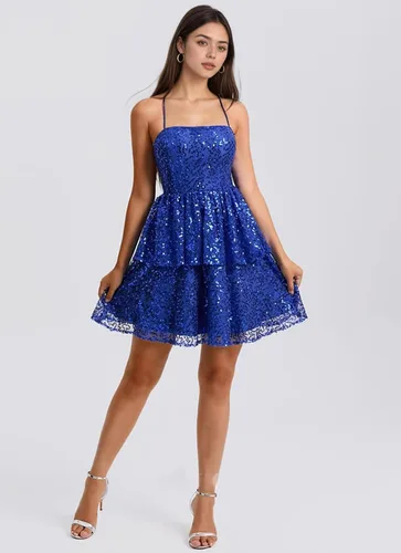 Miniatura 2 de YUAOHUANG Vestido de fiesta de lentejuelas con tirantes delgados 2025 vestidos de cóctel cortos escalonados para mujer