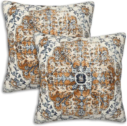Juego de 2 fundas de almohada suaves con diseño étnico floral coral de 18 x 18 pulgadas, color marrón y azul, vintage, decoración del hogar, fundas