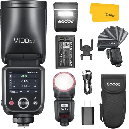 Godox V100 C V100-C Flash para Canon, 100Ws TTL Canon Speedlite HSS 1/8000S, Control de Pantalla Táctil, 400 Flashes de Potencia Completa, Batería