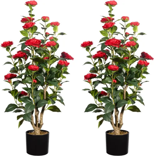 Miniatura 8 de Romantic Season 2FT Orange Artificial Camellia Tree 2Pack, Faux Camellia Plant Fake Potted Camellia Flower Tree for Modern Home Office Living Room
