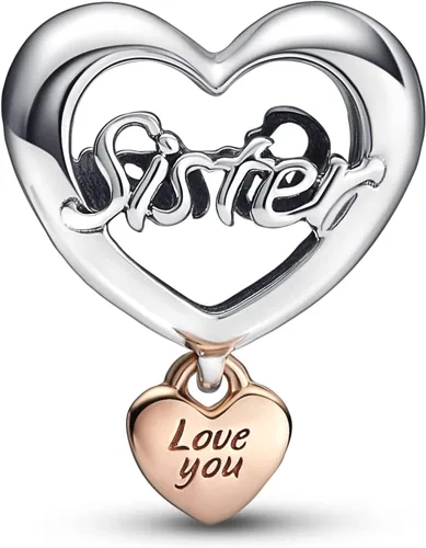 Miniatura 2 de PANDORA Abalorio de corazón Love You Sister – Compatible con PANDORA Moments – Impresionante joyería para mujer – Hecho con rosa PANDORA y plata