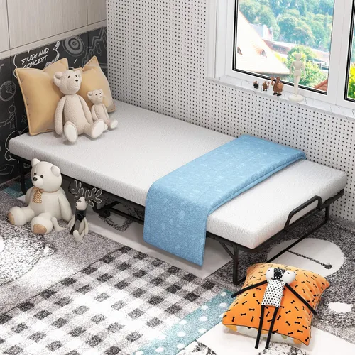 Miniatura 2 de GOFLAME Cama plegable con colchón de espuma viscoelástica, cama de invitados de tamaño individual con marco de metal resistente, cama plegable