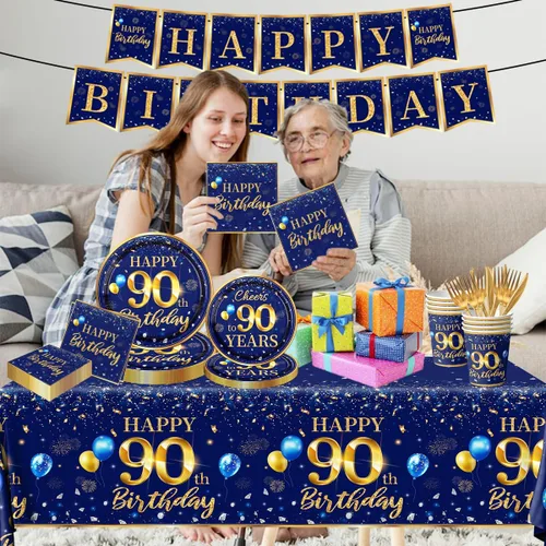 Miniatura 2 de Decoración de cumpleaños 90 para hombres - Juego de 142 piezas en azul marino y dorado (sirve para 20) Incluye pancarta de feliz cumpleaños 90