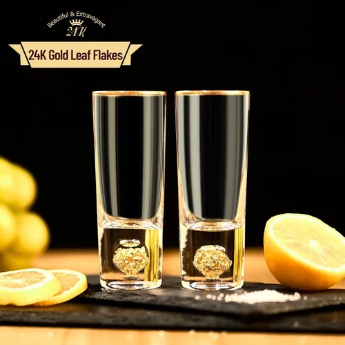 Miniatura 2 de DUJUST Vasos de chupito geniales (2 onzas), juego de vasos de chupito decorados con escamas de hoja de oro de 24K, ÚNICO EN SU GÉNERO, vasos