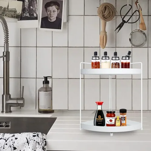 Miniatura 2 de Estante esquinero de 2 niveles para encimera de cocina, gabinete de baño, organizador de maquillaje, cosméticos, organización y almacenamiento Blanco