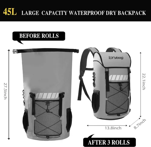 Miniatura 3 de Mochila impermeable Idrybag para hombres 25L/45L, bolsas secas para kayak, mochila seca para camping y senderismo Gris