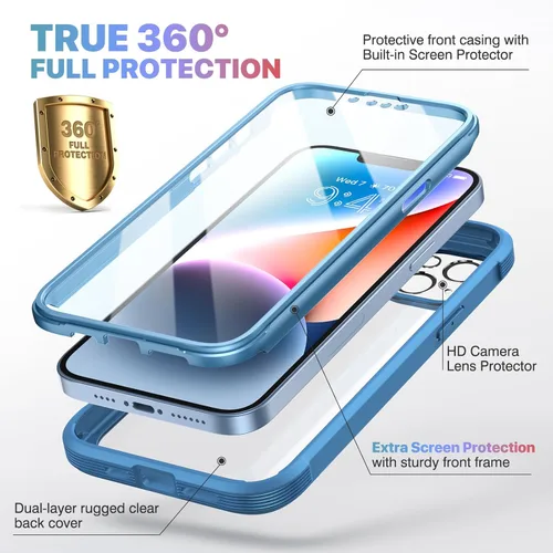 Miniatura 2 de Diaclara - Funda diseñada para iPhone 14, carcasa resistente de cuerpo completo con protector de pantalla integrado sensible al tacto, antiarañazos