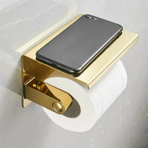 Miniatura 12 de Soporte de papel higiénico de doble rollo con estante, dispensador de pañuelos de acero inoxidable montado en la pared para baño (plateado)