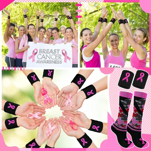 Miniatura 7 de Jiuguva Juego de pulseras y calcetines con cinta rosa para concienciación del cáncer de mama, incluye calcetines deportivos de camuflaje rosa