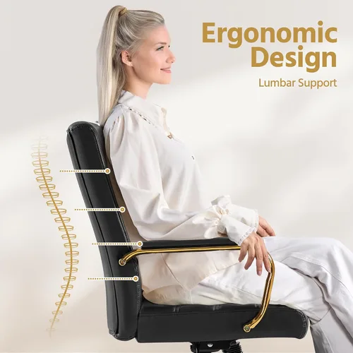 Miniatura 5 de Yaheetech Silla de Oficina de Respaldo Medio de Cuero PU Silla de Escritorio Ejecutiva Ajustable con Soporte Lumbar Patas Doradas Asiento Negro