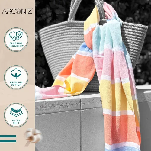 Miniatura 6 de Arconiz Toalla de playa arcoíris de algodón turco de gran tamaño, 71 x 39 pulgadas, a rayas, multicolor, de secado rápido, sin arena, toalla