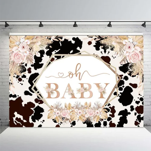 MEHOFOND Telón de fondo bohemio de vaca Oh Baby para niñas, baby shower, rosa rubor, floral, primera vaca santa, hierba de las pampas, estampado de