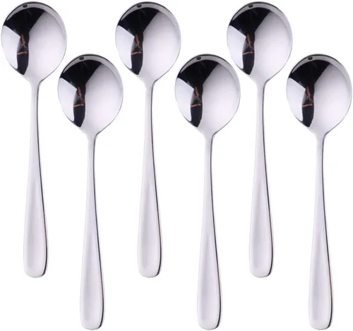 Buyer Star Juegos de cucharas de caldo, cucharas de sopa redondas de 7 pulgadas, cucharas de cena de mesa con acabado de acero inoxidable Plateado