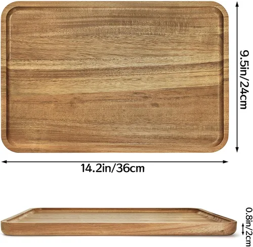 Miniatura 2 de YOUEON Juego de 2 bandejas de madera de acacia con borde elevado, bandeja rectangular de 14.2 x 9.5 pulgadas, plato de queso para aperitivo