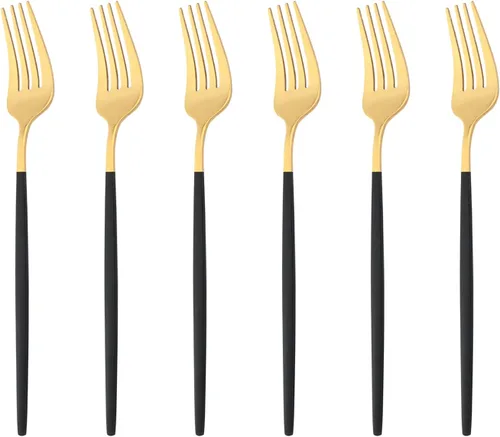 Juego de 6 tenedores de ensalada, tenedores de postre, cubiertos de acero inoxidable 18/0 pulido de espejo de 7.48 pulgadas (negro dorado, 6 piezas)