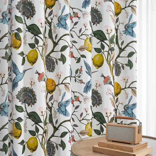 Miniatura 28 de Cortinas beige para cocina, 36 pulgadas de largo, diseño floral botánico de limón y colibrí, cortinas plisadas para oscurecer la habitación