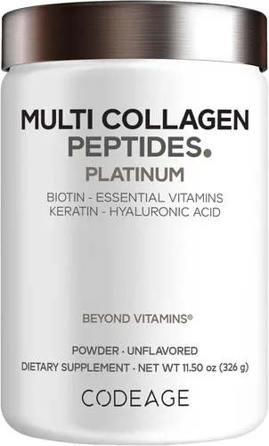 Codeage Multi Colágeno para Mujeres y Hombres Biotina 10000mcg Queratina, Proteína en Polvo Vitamina C B6 D3, Ácido Hialurónico, Niacina - Crema de
