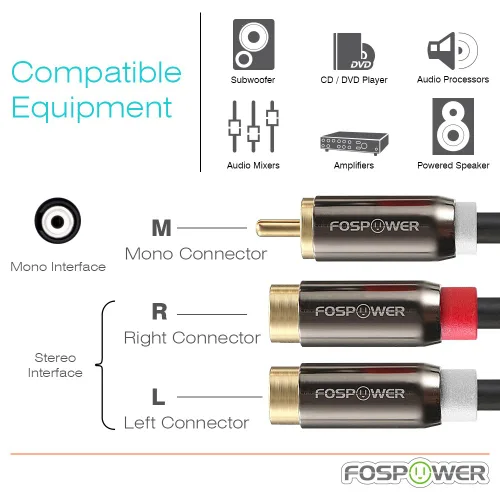 Miniatura 2 de FosPower Adaptador Y [8 pulgadas] 1 RCA (macho) a 2 RCA (hembra) estéreo audio Y adaptador subwoofer Cable de subwoofer