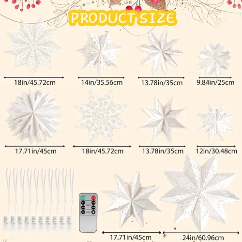 Miniatura 3 de 10 piezas de linternas de copo de nieve de papel de Navidad, grandes linternas de papel de estrella de Navidad con luces LED, adornos blancos