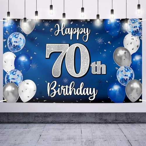 Decoraciones de Feliz 70º Cumpleaños, Globo Azul y Plateado del 70º Cumpleaños Pancarta Grande Telón de Fondo Letrero, Salud por Setenta Años