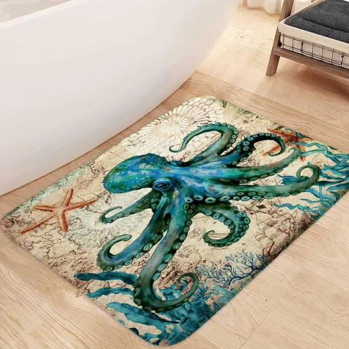 Miniatura 3 de Boziqr Alfombra de baño náutica vintage de pulpo, alfombra de baño retro océano playa, absorbente de agua, antideslizante, alfombra de ducha