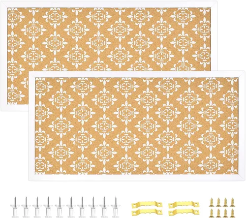 Tablero de corcho decorativo para paredes, tablero de anuncios con estampado floral blanco, tablero de visión con marco blanco para oficina,