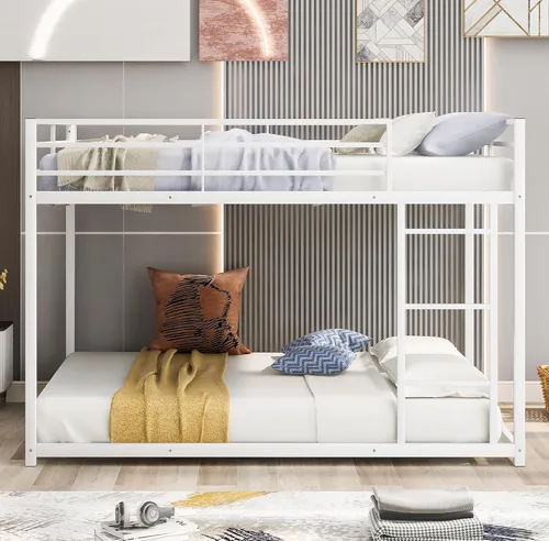 Miniatura 8 de Literas de metal de tamaño matrimonial sobre matrimonial, litera baja de metal con escalera para niños, adolescentes y adultos, marco de cama
