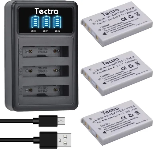 Tectra 3 baterías EN-EL5 ENEL5 + cargador LED de 3 ranuras para Nikon Coolpix P530, P510, P500, P520, P3, P4, P90, P80, P100, P5000, P6000, S10,