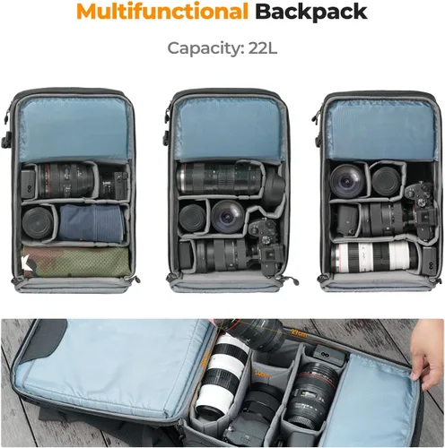 Miniatura 2 de K&F Concept Funda para cámara de 22L para fotógrafos, bolsas de cámara de gran capacidad con cubierta impermeable, compartimento para laptop de 15.6