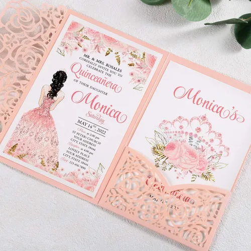 Miniatura 2 de Juego de 50 invitaciones de quinceañera rosa personalizadas de 4.7 x 7 pulgadas, cortadas con láser, tarjetas de invitación de quinceañera