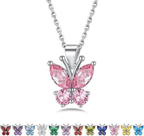 Bestyle Anillo de collar de mariposa con piedra natal plateada para mujeres, delicado y lindo regalo de joyería de mariposa para mujeres en