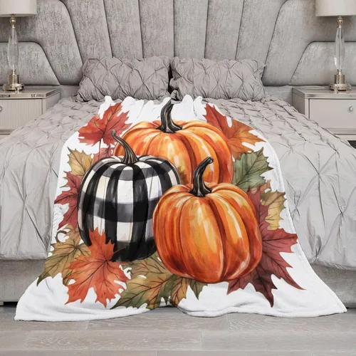 Miniatura 6 de Manta de lana cuadriculada con diseño de calabaza, hojas de arce, Acción de Gracias, manta de cama para otoño, Acción de Gracias, ligera, súper