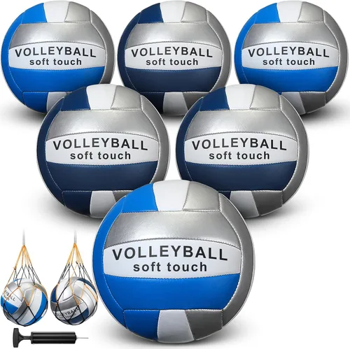 Miniatura 8 de Woanger 6 pelotas de voleibol tamaño oficial 5, impermeables, suaves, recreativas, con bomba y bolsa de red, para niños, jóvenes, adultos, Azul
