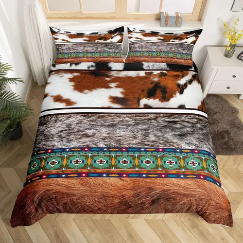 Miniatura 26 de Erosebridal Funda de edredón de piel de vaca marrón con estampado de vaca de las tierras altas, juego de ropa de cama occidental exótico azteca