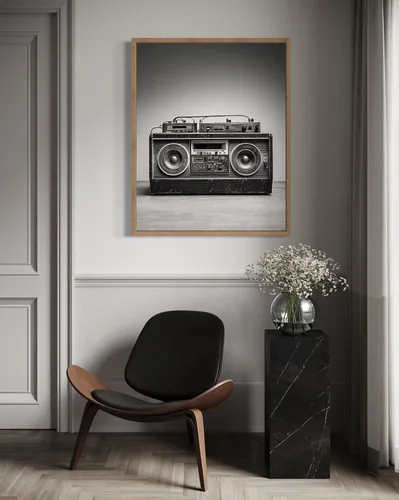 Miniatura 3 de Boombox - Póster musical musical instrumental para pared, color blanco y negro, fotografía, arte musical, dormitorio u oficina, sala de estar