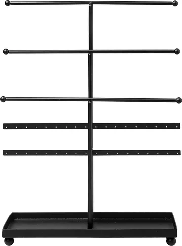 Miniatura 5 de MyGift Moderno soporte organizador de joyas de metal de 3 niveles, exhibición de almacenamiento de joyas negro mate con bandeja para anillos, 18