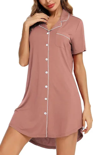 Miniatura 47 de Samring Camisón de pijama para mujer, manga corta/larga, con botones, camisón para dormir, camisón para novio, talla XXL