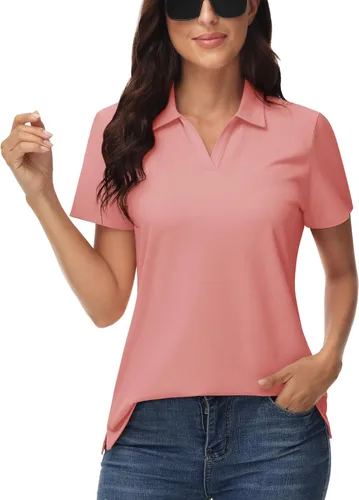 MAGCOMSEN Camisas tipo polo para mujer, cuello en V, manga corta, cuello en V, camisa de golf ligera que absorbe la humedad, polos casuales