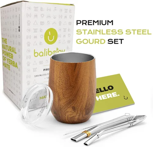 Miniatura 3 de BALIBETOV Juego de calabaza de yerba mate de acero inoxidable premium, 5 piezas, incluye calabaza de 12 onzas con tapa, 2 bombillas, cepillo