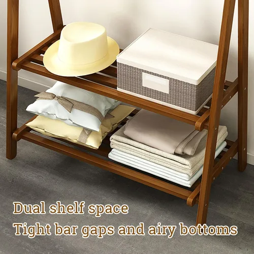 Miniatura 6 de Perchero de bambú portátil plegable con estantes de almacenamiento y riel de ropa colgante para entrada, dormitorio, espacios pequeños
