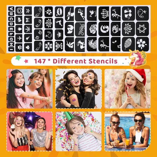 Miniatura 4 de Kit de tatuaje temporal de 30 colores para niñas, 147 plantillas, 4 pinceles, 2 pegamento, tatuajes con purpurina para niños o adultos, para niñas