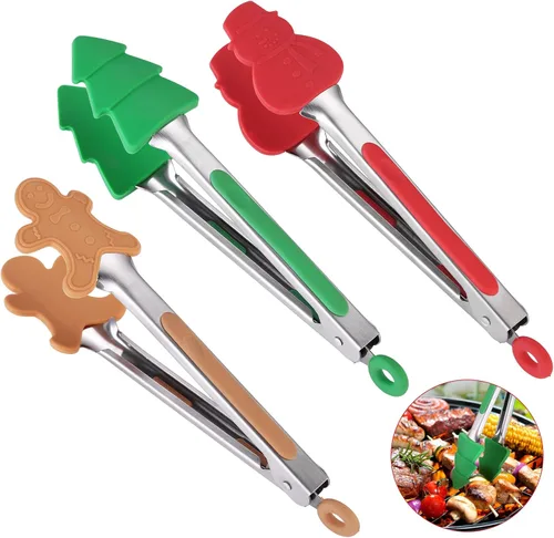 Juego de 3 pinzas de silicona navideñas de 7 pulgadas para cocinar, juego de festival infantil (árbol de Navidad, muñeco de nieve, hombre de